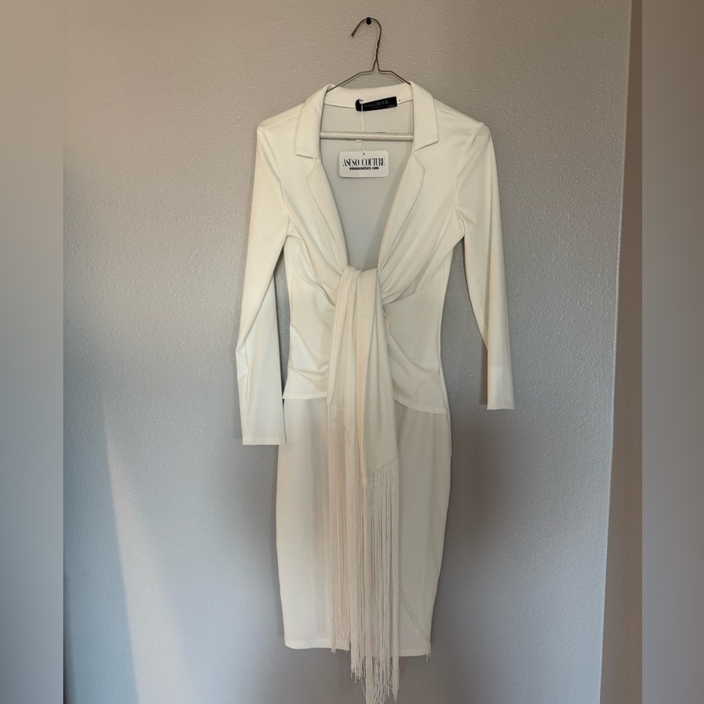 Elegant Cream Long Sleeve Dress with Fringe